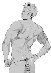 1boy animal_ears ass ass_cleavage back bara blush butt_crack ccccc_(jpn_m0) facial_mark gay greyscale highres itadori_yuuji jujutsu_kaisen looking_back male_focus monochrome muscular muscular_male short_hair solo tail thong tiger_boy tiger_ears tiger_tail twitter_username undercut