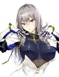 1girls armor azur_lane bangs boobplate breastplate breasts corset diamond_(shape) female fleur-de-lis floating_hair gauntlets grey_hair hair_between_eyes hair_ornament half-closed_eyes head_tilt hiiragi_yuuichi impossible_clothes iris_libre_(azur_lane) large_breasts light-skinned_female light_skin long_hair looking_away machinery miniskirt mole mole_under_eye parted_lips pleated_skirt pointing pointing_at_self red_eyes saint-louis_(azur_lane) sidelocks simple_background skirt solo white_background white_footwear white_skirt