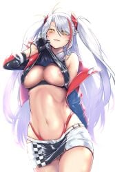 1girls antenna_hair azur_lane belly belly_button big_breasts black_gloves black_jacket bra breasts breasts chess_pattern eyebrows eyebrows_through_hair eyebrows_visible_through_hair eyelashes eyelashes_visible_through_hair eyes_visible_through_hair female female female_focus female_only gloves golden_eyes latex legs lips long_hair looking_at_viewer minishorts miniskirt mouth nipples nose only_female open_jacket open_mouth orange_eyes pink_nipples prinz_eugen_(azur_lane) prinz_eugen_(final_lap)_(azur_lane) race_queen red_jacket red_strand_of_hair renkon_(s36tereste) short_jacket showing_breasts simple_background streaked_hair suggestive_clothes suggestive_clothing suggestive_look thighs twintails white_background white_hair