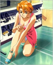 1990s_(style) 1girls blonde_hair blue_footwear breasts cleavage dress female_only hand_on_own_knee lowres official_art panties pantyshot pink_dress shoes short_dress short_hair solo solo_female straight_hair takeuchi_ayumi toeless_footwear underwear white_panties yamada_masaki zenkoku_seifuku_bishoujo_grand_prix