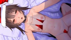 bangs black_choker blush breasts brown_hair choker female flat_chest hair_between_eyes hat highres kono_subarashii_sekai_ni_shukufuku_wo! looking_at_viewer looking_up lying megumin nipples on_back on_bed open_mouth red_eyes santa_hat shinobutanei02 short_hair short_hair_with_long_locks small_breasts solo_focus straight