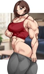 abs big_muscles blue_eyes breasts brown_hair busty choker female gym_clothes looking_at_viewer milf muscles musctonk muscular muscular_female muscular_thighs smile solo thick_thighs thunder_thighs undressing veins veiny_muscles yoga_pants