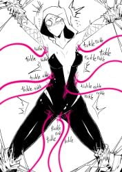 1girls blonde_hair bondage gwen_stacy laugh marvel marvel_comics spider-gwen spider-man_(series) superheroine tentacle tickle_torture tickling tickling_armpits tickling_belly_button tickling_pussy tickling_sides white_suit