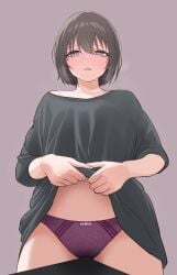 black_shirt blush bow bow_panties bra bra_peek breasts brown_eyes brown_hair commentary_request crotch_rub female highres large_breasts lifted_by_self looking_at_viewer masturbation no_pants norato nose_blush off_shoulder open_mouth original panties purple_panties shirt short_hair simple_background solo standing sweat t-shirt table_humping underwear