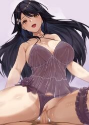 1boy 1girls :d amasora_taichi azur_lane babydoll bare_arms black_hair breasts censored choukai_(azur_lane) cleavage clothed_female_nude_male clothed_sex clothing_aside commentary_request covered_nipples cowgirl_position criss-cross_halter erection female hair_ornament halterneck large_breasts light-skinned_female light-skinned_male light_skin long_hair looking_at_viewer mosaic_censoring negligee no_pants nude open_mouth orange_eyes panties panties_aside penis pussy sakura_empire_(azur_lane) see-through sex shiny shiny_skin smile solo_focus spread_legs straddling straight thigh_strap underwear vaginal_penetration