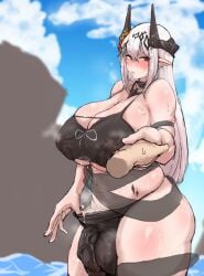 1futa arknights balls big_penis bikini blush breasts bulge cleavage clothed clothing cum cum_in_clothes flaccid floating_hands futa_only futanari hand_holding horns horny huge_balls huge_breasts huge_cock humanoid humanoid_penis light-skinned_futanari long_eyelashes masso_nullbuilt mostly_nude mudrock_(arknights) nipples penis solo standing testicles thick_thighs white_hair wide_hips