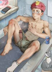 1boy abs absurdres animal bar_censor bathing bathtub blush boxer_briefs brown_eyes can censored closed_mouth clothing_aside cum ejaculation erection ezur3885 feet feline grey_male_underwear hand_on_own_chest handheld_game_console highres itadori_yuuji jujutsu_kaisen looking_at_viewer male_focus male_only male_underwear male_underwear_aside navel nintendo_switch nipples partially_submerged penis pink_hair projectile_cum rubber_duck short_hair single_sock socks soda_can solo thighs toned toned_male undercut underwear water