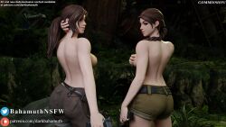 2girls 3d back_view bottomwear darkbahamuth female female_only firearm fortnite gun human lara_croft lara_croft_(fortnite) sideboob tomb_raider topless turning_head weapon