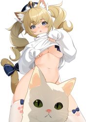 animal_ear_fluff animal_ears bangs barbara_(genshin_impact) blonde_hair blue_bow blue_eyes bow breasts cat_ears cat_tail commentary cute ett eyebrows_visible_through_hair feline female genshin_impact head_tilt highleg highleg_panties highres kemonomimi_mode long_hair long_sleeves looking_at_viewer medium_breasts navel nun panties parted_lips pasties simple_background solo stomach sweater tail tail_bow tail_ornament thighhighs turtleneck turtleneck_sweater twintails underboob underwear white_background white_sweater