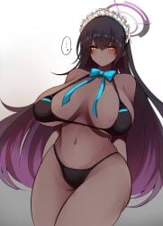 ... 10eki_(tenchou) absurdres ahoge bangs bikini black_bikini black_hair blue_archive blue_bow blue_bowtie blush bow bowtie breasts breasts_apart cleaning_&_clearing_(blue_archive) closed_mouth cowboy_shot dark-skinned_female dark_skin eyebrows_visible_through_hair female hair_between_eyes highres huge_breasts karin_(blue_archive) maid_headdress millennium_science_school_student solo swimsuit thighs yellow_eyes