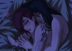 2girls arcane arcane_caitlyn arcane_vi arm_tattoo caitlyn_kiramman canon_couple cuddling eyebrow_cut hand_grab highres hug hug_from_behind league_of_legends long_hair lying multiple_girls nose_piercing okonomiyaky piercing scar scar_on_face scar_on_mouth short_hair sleeping tattoo topless vi yuri