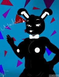 absurd_res animatronic anthro big_breasts black_body black_hair breasts buckteeth clothed clothing desesperadoleon english_text female five_nights_at_freddy's five_nights_at_freddy's_2 hair hi_res lagomorph leporid long_ears looking_at_viewer machine mammal multicolored_body narrowed_eyes nipples rabbit robot scottgames shadow_bonnie simple_background solo teeth text topless topless_female two_tone_body video_games white_body white_eyes wide_hips