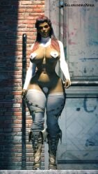 3d apex_legends armwear big_breasts big_thighs blurred_background boots brazilian breasts brick_wall bridal_gauntlets covered_nipples covered_pussy curvy dark-skinned_female dark_hair female front_view full_body groin_tendon hip_lines hourglass_figure huge_breasts human inguinal_ligament latina legwear loba_(apex_legends) long_hair maebari medium_breasts muscular_female nipple_covers nipple_pasties partially_clothed pelvic_lines red_hair red_highlights salamandraninja solo tan_skin thick_thighs thighs two_tone_hair walking white_armwear white_legwear