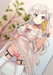 bangs blue_eyes blurry blurry_background braid breasts cleavage clothes_lift commentary_request dress dutch_angle earrings female grey_hair hair_ribbon highres hisakawa_hayate holding holding_phone idolmaster idolmaster_cinderella_girls jewelry large_breasts long_hair milkmochi neck_ribbon off-shoulder_dress off_shoulder panties panty_pull phone pussy_juice ribbon selfie skirt skirt_lift solo thighhighs underwear white_panties