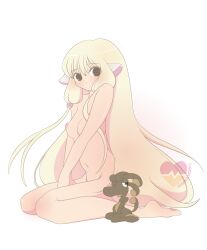 1girls brown_eyes chii chobits cinnamon6 female female_focus female_only kneeling long_hair medium_breasts nude solo very_long_hair white_background