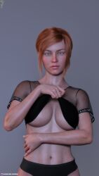 1girls 3d amber_(xasurax) female female_only front_view large_breasts looking_at_viewer orange_hair original original_character pinup red_hair shirt_lift short_hair simple_background slushe_(website) solid_color_background solo solo_female standing underboob xasurax