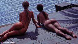 2girls 3d aaliyah_(xasurax) feet female female_only large_breasts megan_(xasurax) multiple_girls original original_character outdoor outdoor_nudity outdoors outside pinup ponytail slushe_(website) soles toes topless xasurax