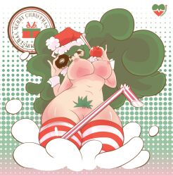 cherry cinnamon6 donut english_text female green_hair green_pubic_hair hatsune_miku huge_breasts long_hair merry_christmas milkshake pubic_hair santa_hat solo straw striped_legwear twintails vocaloid