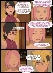 1boy 2girls boruto:_naruto_next_generations breasts comic english_text female human humiliation male multiple_girls naruto naruto_(series) nyxworks page_43 premature_ejaculation sakura_haruno sarada_uchiha speech_bubble story text uzumaki_boruto virgin