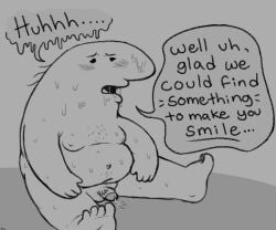 anthro balls blush bodily_fluids charlie_(smiling_friends) cum dialogue genital_fluids genitals greyscale hair humanoid male male_only monochrome nipples nude open_mouth overweight overweight_male pecker_tracks penis simple_background sitting smiling_friends solo sweat syotako23