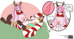 anal anal_knotting anthro atticus_mura big_belly blush canid canine chastity_(disambiguation) chastity_cage chastity_device christmas christmas_clothing christmas_headwear christmas_outfit clothing conditional_dnp cum_while_chaste duo festive_clothing fox hat headgear headwear heart holidays inflation knotting lagomorph legwear leporid lustylamb male male/male mammal pattern_clothing pattern_legwear pattern_thigh_highs rabbit reindeer_headband santa_hat stockings striped_clothing striped_legwear striped_thigh_highs stripes thigh_highs