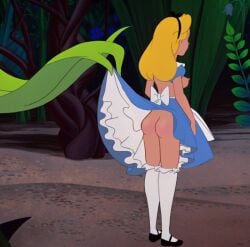 1girls alice_(disney) alice_in_wonderland alice_in_wonderland_(1951_film) alice_liddell ass blonde blonde_hair breasts disney dizzney dress edit female female_focus female_only no_panties no_underwear solo solo_female solo_focus