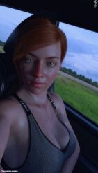 1girls 3d amber_(xasurax) car depth_of_field female female_only in_car large_breasts looking_at_viewer orange_hair original original_character pinup ponytail red_hair slushe_(website) solo solo_female window xasurax