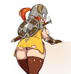 1girls alternate_version_available ass ass_cleavage big_ass big_breasts blush breasts butt_crack cape dovakini female female_only helmet nisetanaqa orange_hair shield simple_background skyrim sword tagme the_elder_scrolls thick_thighs thighhighs