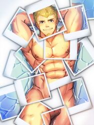 1boy abs armpits arms_behind_head bara blonde_hair blush completely_nude facial_hair feet_out_of_frame goatee male male_focus mature_male muscular muscular_male navel nipples nude original pectorals short_hair sideburns smile solo stomach testicle_peek thick_thighs thighs waku_(ayamix)