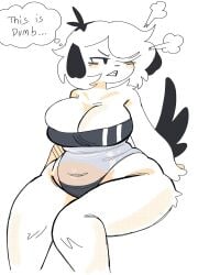 1girls angry big_breasts black_fur blush breasts canid canine canis chubby cleavage clenched_teeth clothed clothing dialogue dog dog_ears dog_tail domestic_dog embarrassed english_text female female_only fur furry furry_only gris_swimsuit hair looking_away meme_attire one-piece_swimsuit one_eye_obstructed pepper_(puppychan) puppychan simple_background sitting solo swimsuit swimwear tagme tail text thought_bubble white_background white_fur white_hair