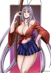 1girls blue_eyes breasts cleavage clothed female female_only juiceofyellow large_breasts long_hair looking_at_viewer natsume_maya shiny_skin skimpy skirt solo tenjou_tenge very_long_hair white_hair