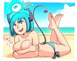 beach bikini_bottom blue_eyes blue_hair covering_breasts feet_up foot_fetish large_breasts legs_up oc original original_character outdoors sharp_teeth short_hair soles summer synn_(tobias_wheller) tail the_pose tobias_wheller toes topless