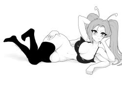 4_arms alien_girl antennae black_and_white bra brassica hips hips_grab large_breasts laying_down laying_on_side long_hair manga multi_arm multi_limb rylynnet thighhighs thighs