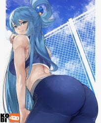 1girls 2022 aqua_(konosuba) artist_name ass ass_focus back bangs bare_shoulders big_ass blue_eyes blue_hair blue_pants breasts cloud cloudy_sky eyebrows_visible_through_hair eyelashes female fence from_behind hair_ornament highres kobi420 kono_subarashii_sekai_ni_shukufuku_wo! long_hair looking_at_viewer pants ponytail sideboob sky smile solo sports_bra sportswear sweat sweatdrop tight tight_pants very_long_hair white_skin yoga_pants