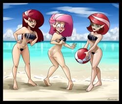 3girls ass big_hair blue_eyes breasts busty cleavage earrings eyelashes eyes eyeshadow female glasses hips hourglass_figure large_breasts legs lips lipstick ms._pink multiple_girls original original_characters pink_hair rice_krispies spiderweber thick_thighs thighs voluptuous wide_hips