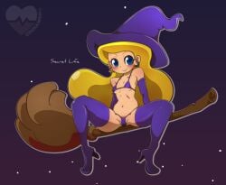 bikini blonde_hair blush broom broom_riding broomstick cameltoe cinnamon6 earrings english_text heels long_gloves long_hair micro_bikini night sabrina_spellman sabrina_the_teenage_witch smile spread_legs thigh_boots witch witch_hat