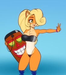 activision aku_aku anthro big_breasts blonde_hair breasts cleavage coco_bandicoot crash_(series) female female_only green_eyes gris_swimsuit large_breasts scorpdk thick_thighs thighs