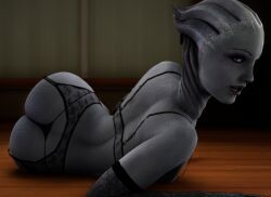 1girls 3d alien alien_girl asari ass big_ass blue_eyes blue_skin dat_ass female female_only fishnet_stockings large_ass liara_t'soni lingerie mass_effect on_side posing seductive_look smitty34 solo spankable