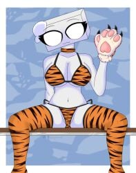 1girls 2022 big_eyes bikini breasts choker female hat humanoid looking_at_viewer melli_(mobzy) mobzylewd navel new_year object_head one_arm_up paw simple_background sitting solo spread_legs tiger_paws tiger_print white_body white_eyes white_hat