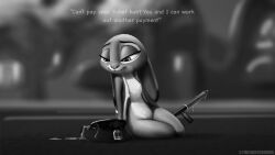 absurd_res anthro bodily_fluids clothing condom cum digital_media_(artwork) disney female flat_chest fur genital_fluids grey_body hi_res judy_hopps lagomorph leporid mammal monochrome narrowed_eyes nude pose rabbit sexual_barrier_device smile solo twilightchroma zootopia zootropolis