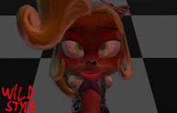 accessory activision animal_humanoid anthro bandicoot black_nose blonde_hair blush checkered_floor clothed clothing coco_bandicoot crash_(series) duo evil_coco eyebrows female female/female first_person_view flower flower_in_hair fur genitals green_eyes gynomorph hair hair_accessory hi_res humanoid humanoid_genitalia humanoid_penis intersex intersex/female kneeling looking_at_viewer mammal mammal_humanoid marsupial open_mouth orange_body orange_fur orange_penis overalls penis plant ponytail raised_eyebrow rodent rodent_humanoid shirt sitting smile teeth topwear video_games white_clothing white_shirt white_topwear wildstyle_(artist)