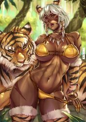 1girls amber_eyes bikini fit_female hourglass_figure jungle kachima large_breasts original short_hair tiger tiger_ears tiger_girl tiger_stripes tiger_tail tooth_necklace white_hair year_of_the_tiger