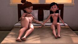 2girls 3d 3d_(artwork) artorias_(artist) bed breasts completely_nude completely_nude_female disney female female_only full_body helen_parr long_hair medium_hair milf mother_and_daughter naked naked_female nipples nude nude_female pixar pussy room seductive_smile smile source_filmmaker straight_hair teenager the_incredibles violet_parr