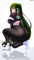 1girls ass big_ass big_butt butt crouching dat_ass fat_ass female female_only green_hair large_ass long_hair looking_at_viewer looking_back my_hero_academia rezeharu socks solo solo_female thick thick_ass thick_thighs tsuyu_asui voluptuous