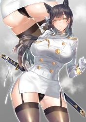 1girls absurdres animal_ear_fluff animal_ears ass ass_visible_through_thighs atago_(azur_lane) azur_lane black_hair black_legwear black_panties blush breasts buttons closed_mouth comichipota contrapposto cowboy_shot curvy double-breasted epaulettes eyebrows_visible_through_hair eyelashes female female_only garter_straps gloves gradient gradient_background grey_background hair_ribbon half-closed_eyes highres katana lace-trimmed_panties lace_trim large_breasts lips long_hair long_sleeves looking_at_viewer military military_uniform miniskirt mole mole_under_eye multiple_views panties pantyshot pencil_skirt ribbon scabbard sheathed side_slit simple_background skirt smile solo steam steaming_body sword thighhighs thighs underwear uniform weapon white_gloves white_ribbon white_skirt yellow_eyes