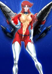 1girls auburn_hair blue_eyes female fit_female large_breasts long_hair looking_at_viewer maria_grace_fleed mazinger solo thighhigh_boots ufo_robo_grendizer voluptuous yuri-ai zipper_down