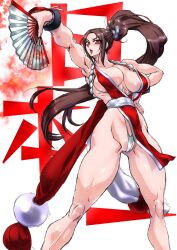 1girls brown_eyes brown_hair fan fatal_fury fit_female fundoshi king_of_fighters large_breasts long_hair mai_shiranui muscular_female revealing_clothes snk yuri-ai