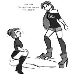 2girls1boy bootjob boots celera_prime cunnilingus facesitting femdom femdom_caption footjob high_heel_boots high_heels monochrome mother_and_daughter nudity platforms shoejob trampling