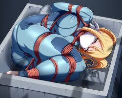 ass bagelbomb blonde_hair bodysuit bondage breasts chained chains crate gag gagged hi_res lying metroid nintendo rope rope_bondage samus_aran skin_tight taped_hands zero_suit_samus