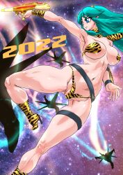 blue_eyes green_hair high_heel_boots horns hourglass_figure huge_breasts long_hair lum oni_female oni_girl revealing_clothes tiger_print urusei_yatsura voluptuous yuri-ai